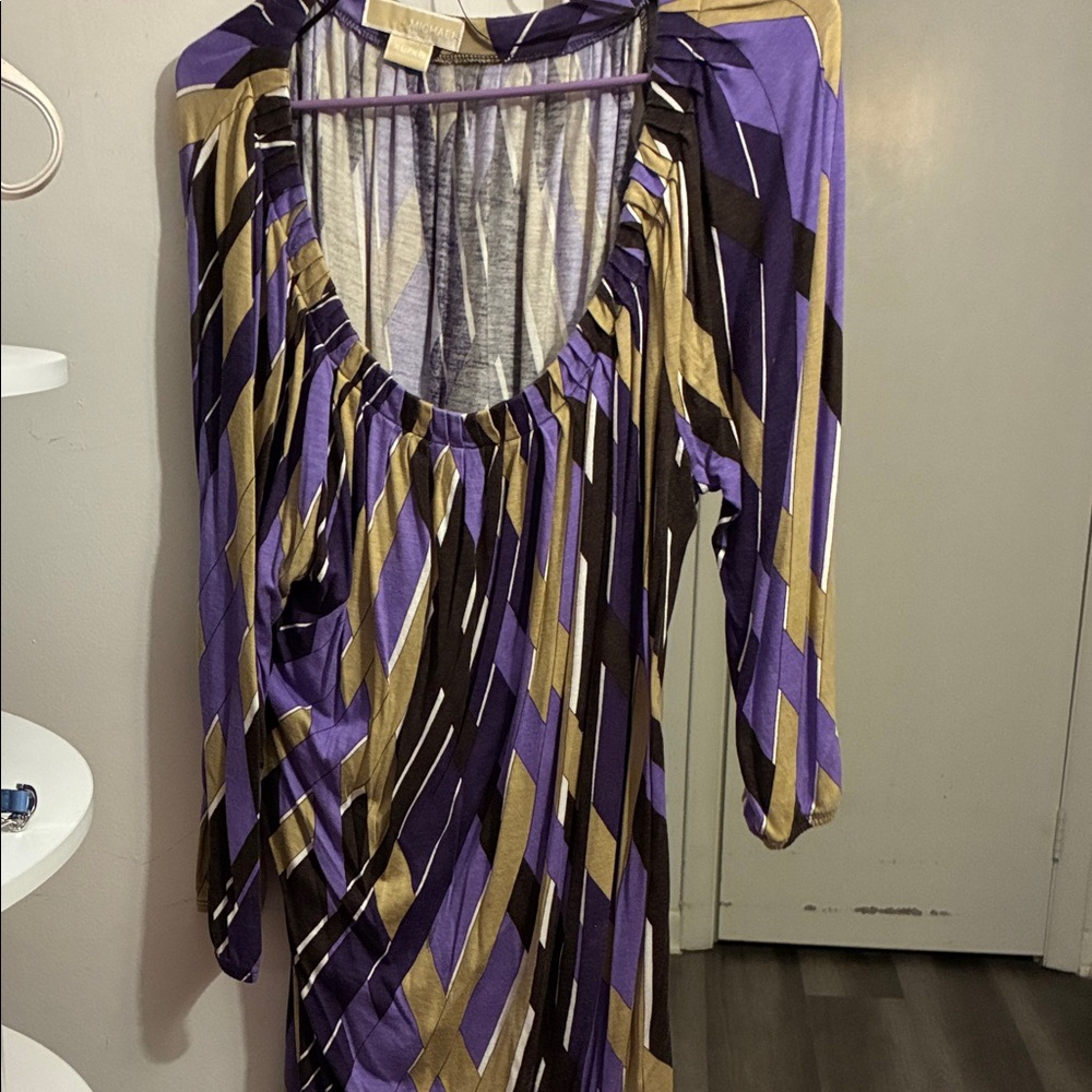 Michael Kors Purple Gold Black Striped Long Sleeve Dress